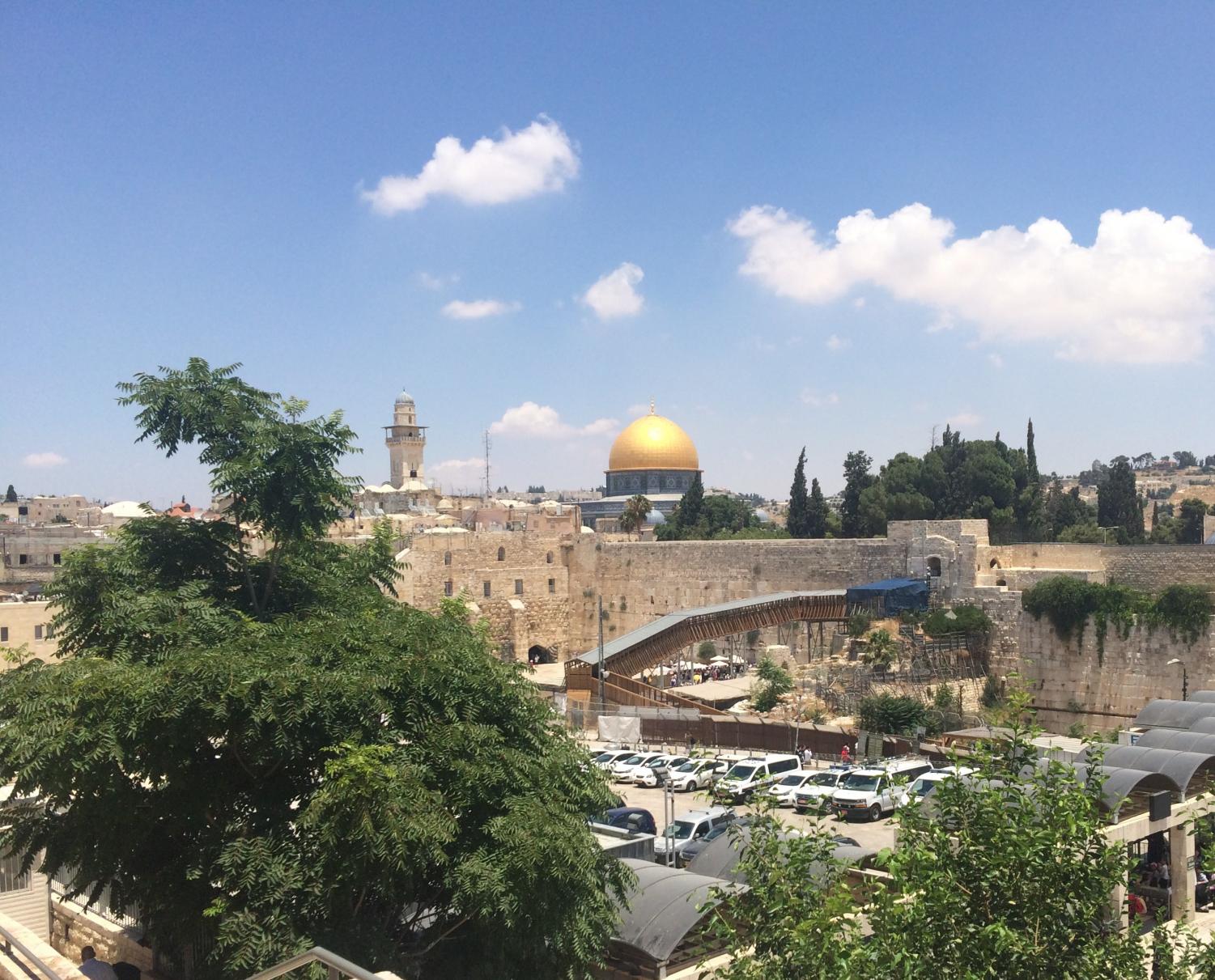 The Temple Mount, a holy site in Islam, above the Western Wall, the holiest place in Judaism. This image was taken in the Old City of Jerusalem.