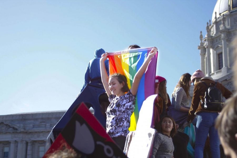 A+girl+holds+up+a+pride+flag+at+the+Women%E2%80%99s+March+to+support+members+of+the+LGBTQ%2B+community.%0A