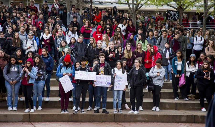 Woodside+student+activists+hold+sign+in+support+of+stricter+gun+legislation+during+the+17-minute+walkout+on+March+14%2C+2018.