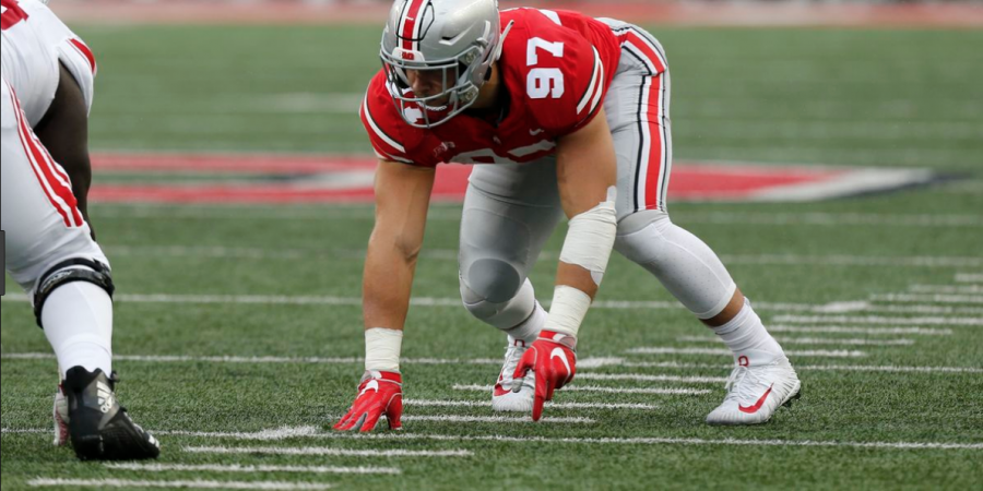 Nick Bosa plays defensive end for Ohio State Buckeyes.