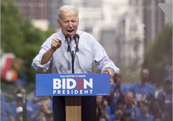 Joe Biden talking at a presidential rally kickoff in Philadelphia.