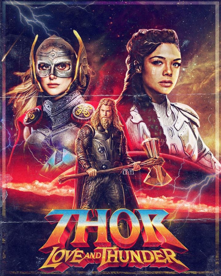 A movie poster for Thor: Love and Thunder, in which Valkyrie, in the top left, has been announced to be LGBTQ+. 