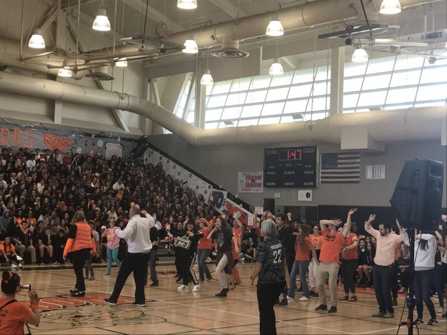 Woodside staff also dressed to show their spirit during a their decades skit at the Homecoming Pep Rally.