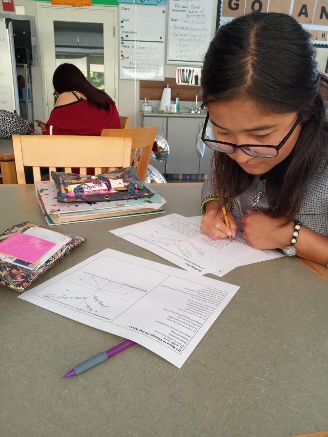 Woodside student Aibiike Abdysamatova works on her homework in the library after school.