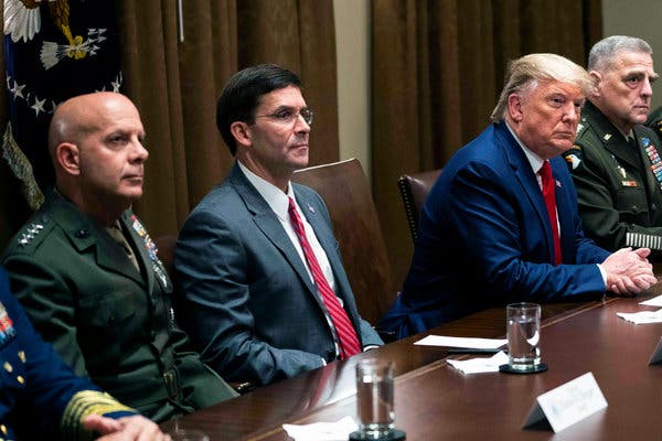 Mark Esper, second from left, and President Donald Trump, second from right, discuss the withdrawal from Northern Syria.