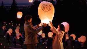 Lara Jean Covey and boyfriend, Peter Kavinsky, on their first date at the beginning of the movie.