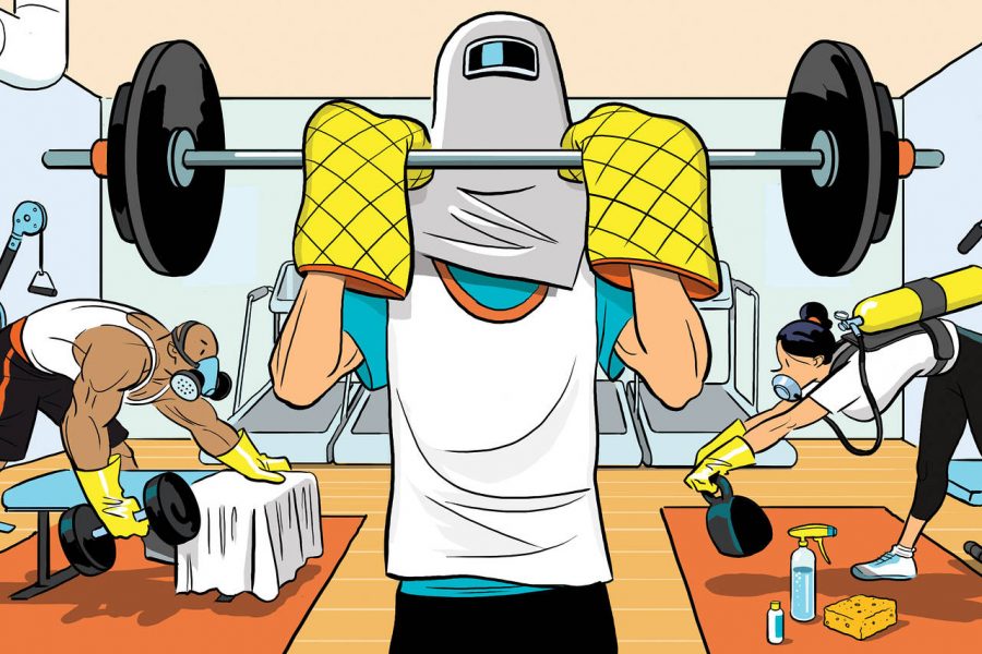 Illustration of a person working out under heavy homemade protective gear. 