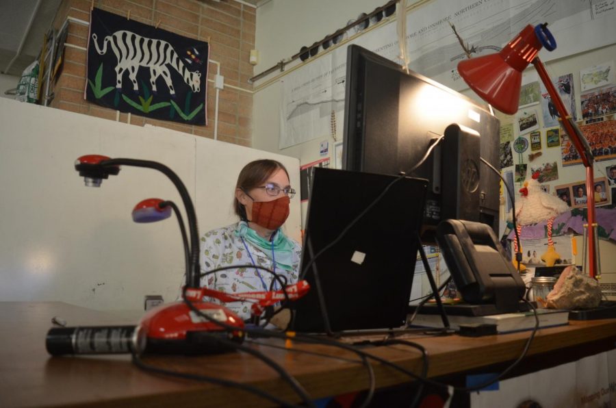 Woodside teacher Ann Akey conducts distance learning office hours from her room in the F-wing on October 1st, 2020. Akey says that she has been teaching online from school instead of at home due to a much better connection and fewer distractions at school.