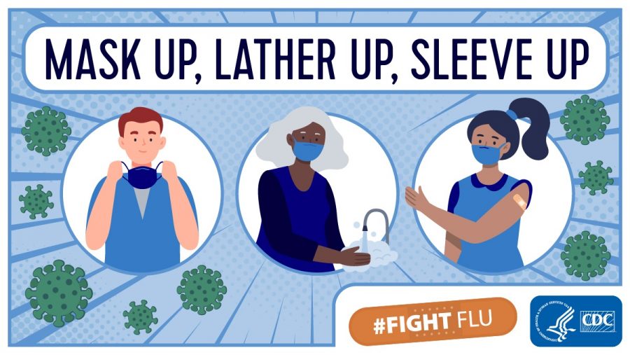 The image shows that you should wear your mask, wash your hands, and get your flu shot. 