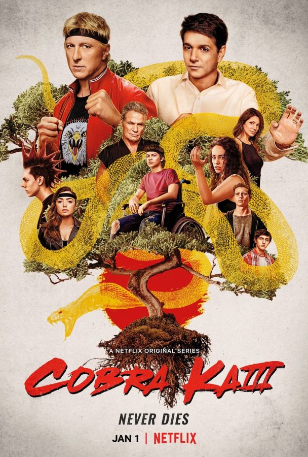 The official season three poster of Netflix’s Cobra Kai, featuring the main cast of season three.