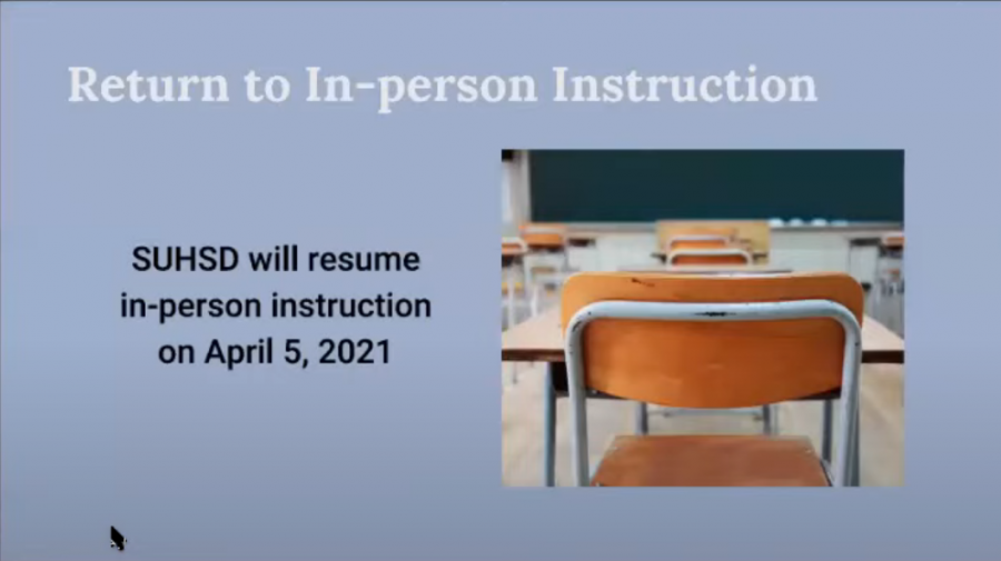 Shown above is the slide from the interim Superintendents presentation announcing the return to in-person schooling on April 5.