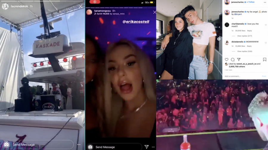 Screenshots of influencers partying and hanging out during the pandemic.