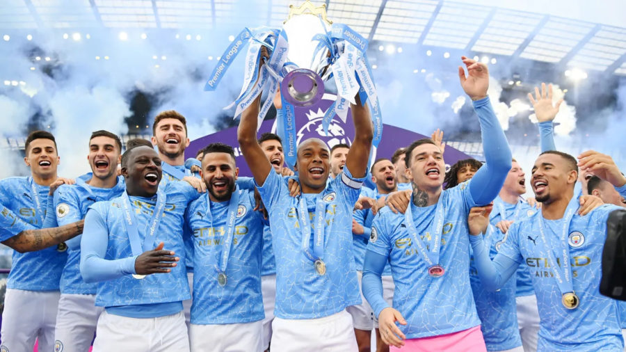 Manchester+City+players+celebrate+their+success+in+winning+the+Premier+League+in+the+2020-2021+season
