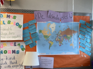 The students of Spanish 1 mark where they are from to show the diversity of the classroom.