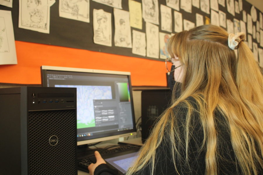 Woodside senior Lia Whiting works on her final project in Academy Advanced Animation.