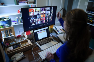 A teacher manages her classroom remotely during lockdown in Arlington, Virginia
