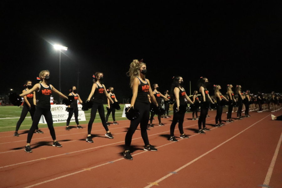 Dance Team cheers using sideline dances alongside band and the cheer team.