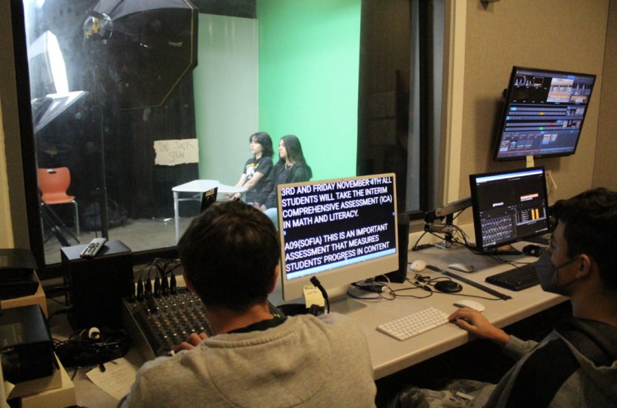 Students produce the daily announcements in the schools tv studio. 