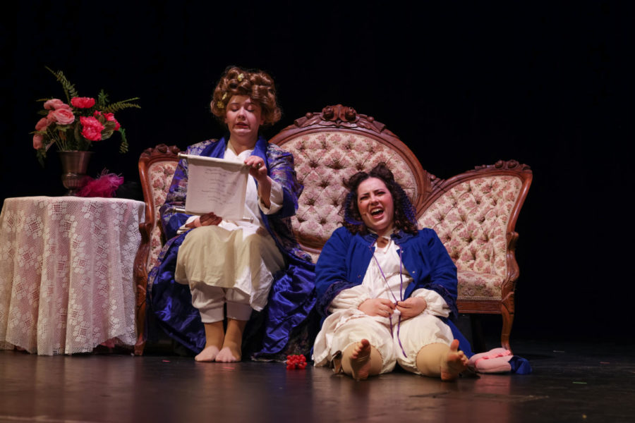 Stepmother, played by Izzy Wynne, and Grace, played by Annabelle Hopkins learn about the princes ball.