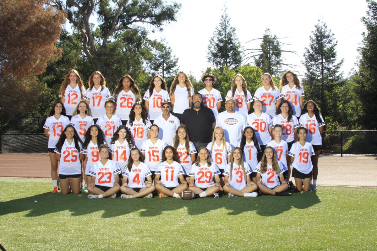 Girls flag football, ranging from freshmen to seniors, poses for a team photo.