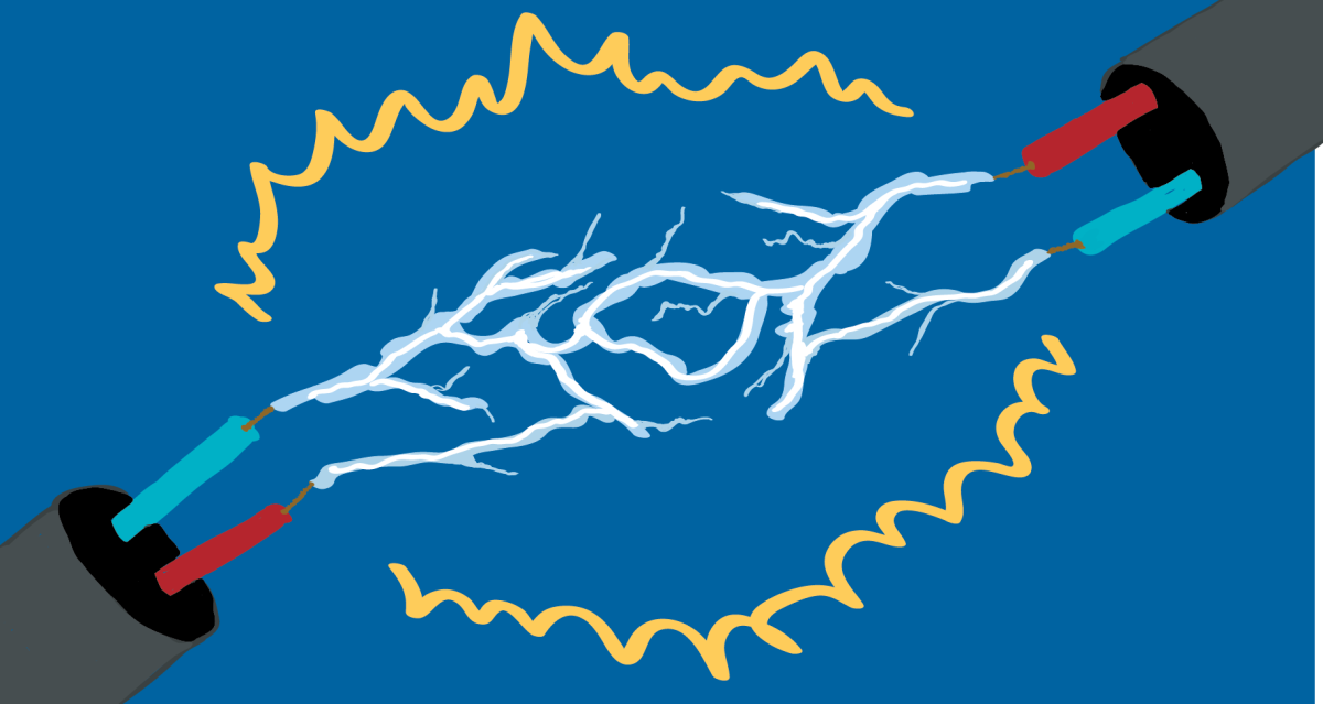 A stylized illustration of how electricity sparks between two wires.
