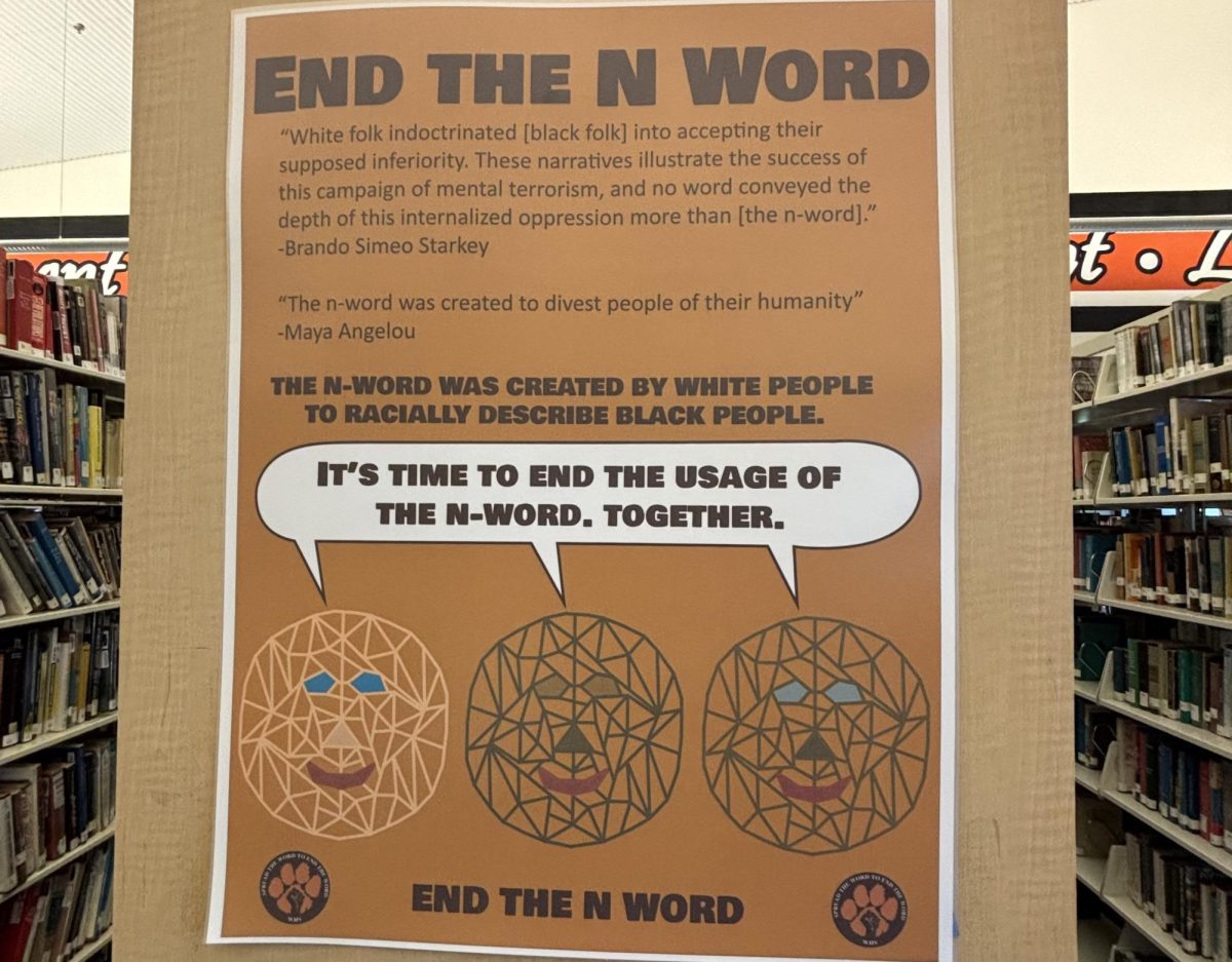 
A poster in the Woodside library promoting ending the usage of the “N Word” and  detailing the harmful effect it has 
