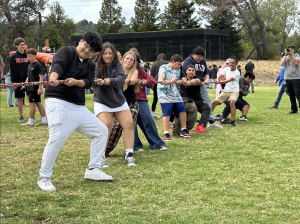 Students playing a game of tug a war at field day.