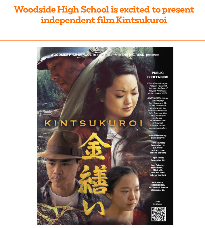 Woodside newsletter advertises the screening of Kintsukuroi using its movie poster 