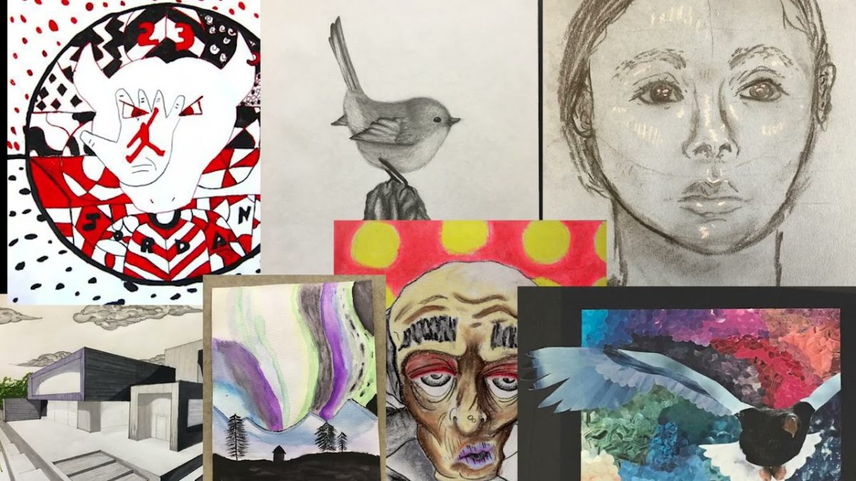 A collage picture of some art work made and shown at Woodside's art boom and elective fair in a previous year.