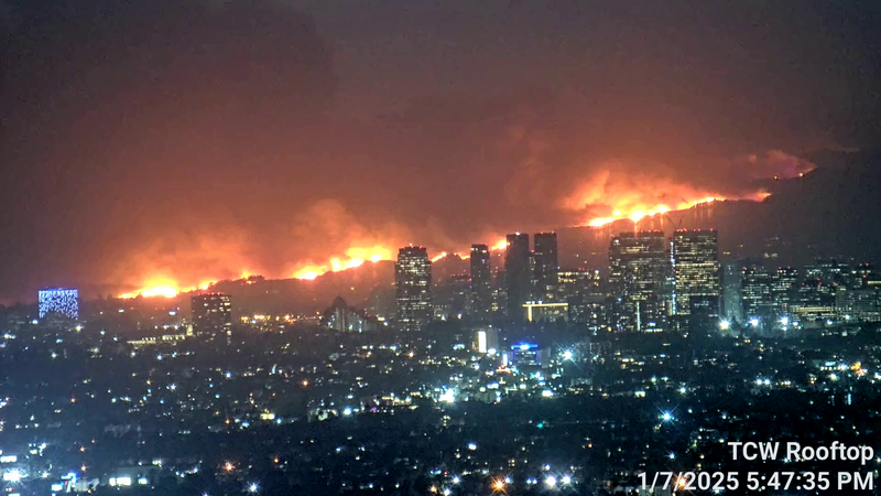 The Palisades Fire in LA at night, shown during a period of high intensity