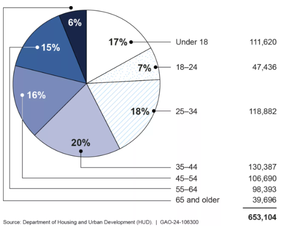 This graph shows the total amount of homeless people separated by age.