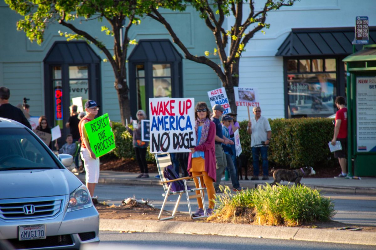 Protestors held up signs with slogans like "WAKE UP AMERICA NO DOGE" in front of Sequoia Station.