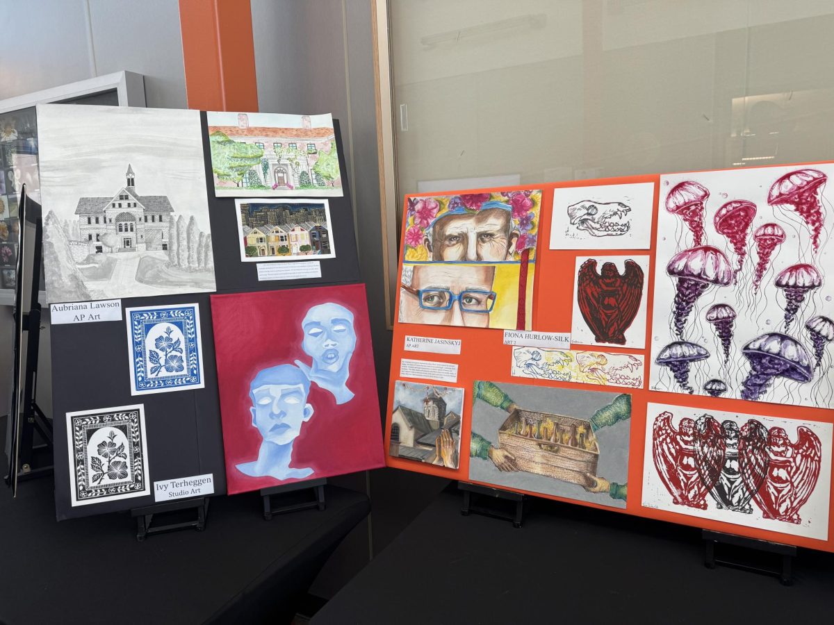 Student drawings and graphic designs on display at the Art Boom.