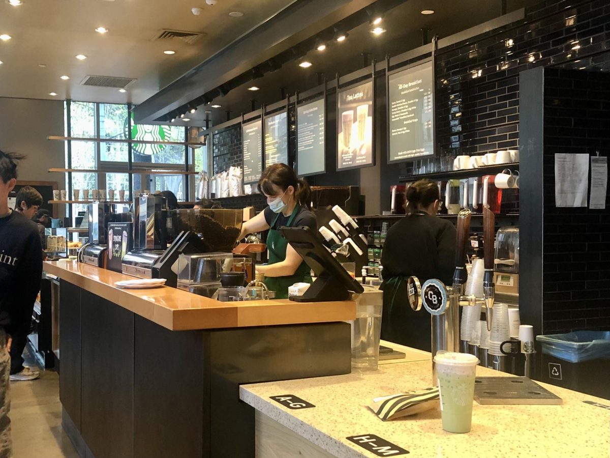 Inside a Starbucks Coffee Shop during the busy morning rush. 