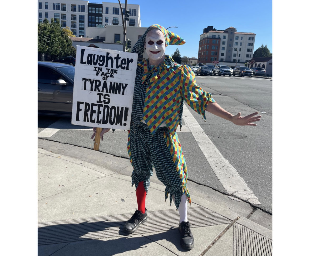 Protester Scott Hardman dressed up and posing with his sign 'Laughter in the face of tyranny is freedom!'