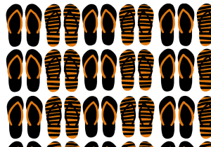 Flip-flops in Woodside school colors lined up next to one another.