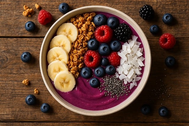 Colorful, refreshing, nutritious bowl packed with acai, fruits, and granola.