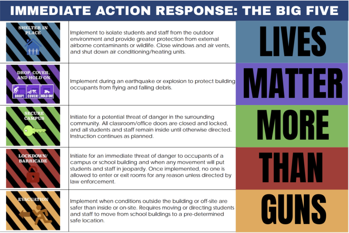"The Big Five," a guide to emergencies such as shootings, is posted in every classroom, complete with a statement about gun violence.
