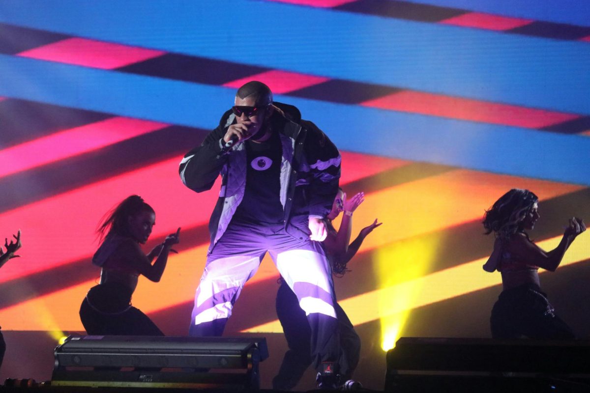 Bad Bunny, the NFL Super Bowl halftime show performer, performing on stage.
