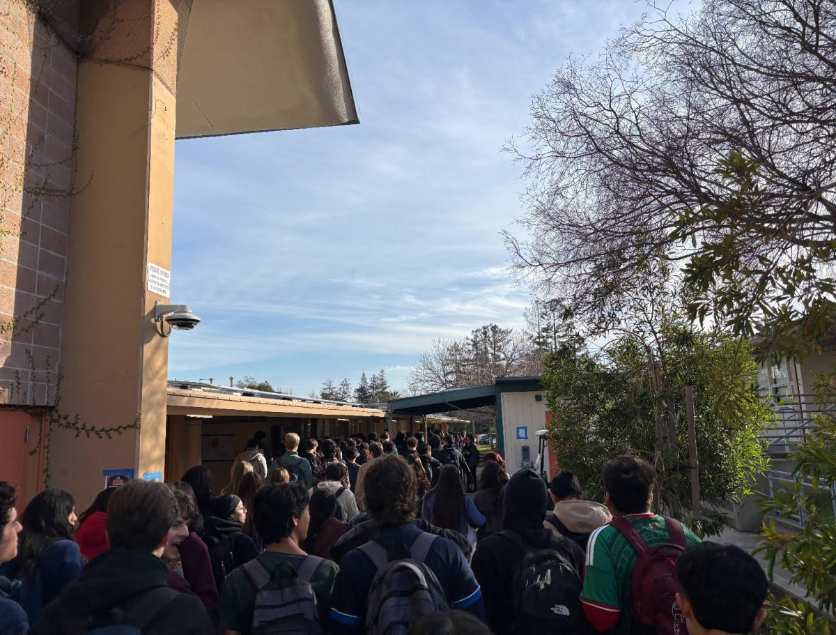 Woodside students gather in the quad before walking out.
