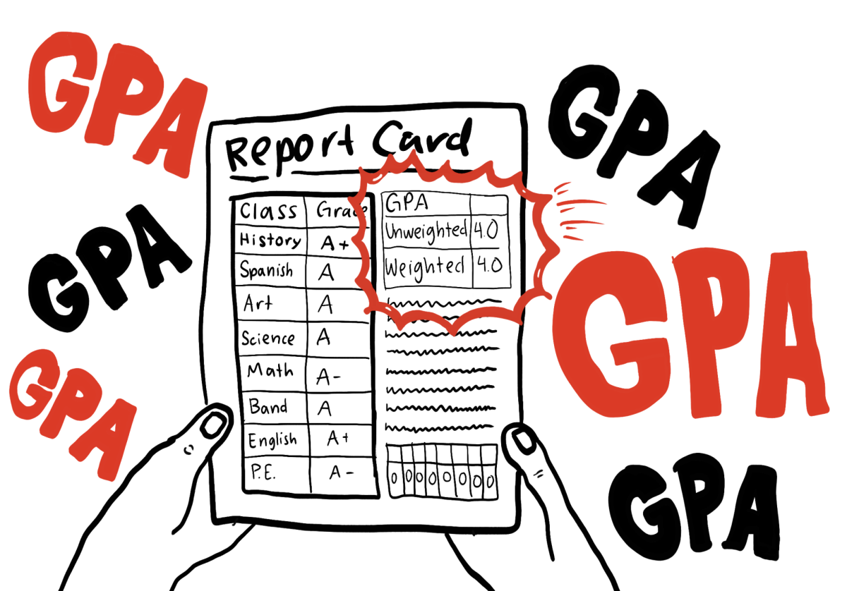 A student holds their report card, with their eyes only focused on the GPA. 