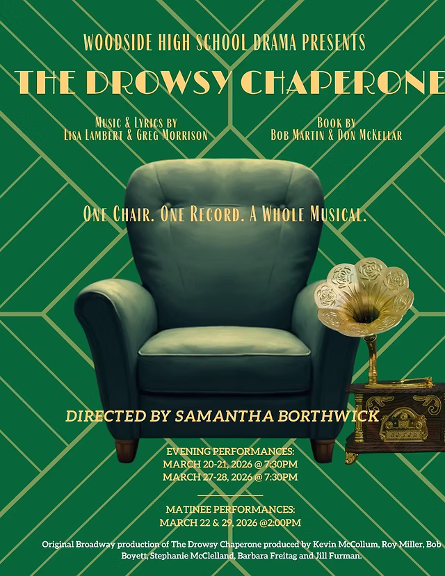 Flyer of the Drowsy Chaperone Musical on the Woodside Drama Boosters webpage.