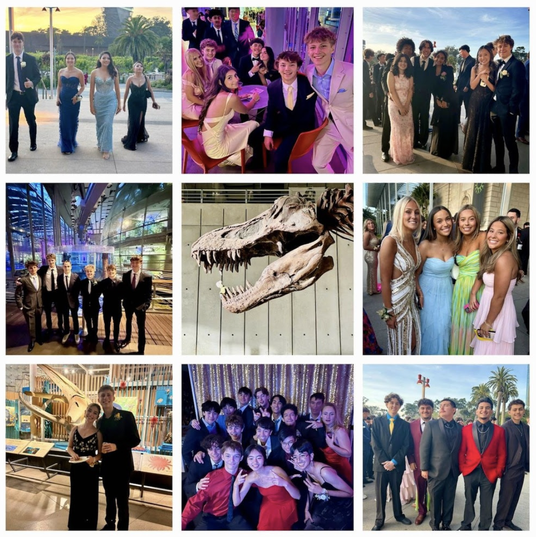 A collage of photos of different groups of students arriving to or inside the Prom venue.